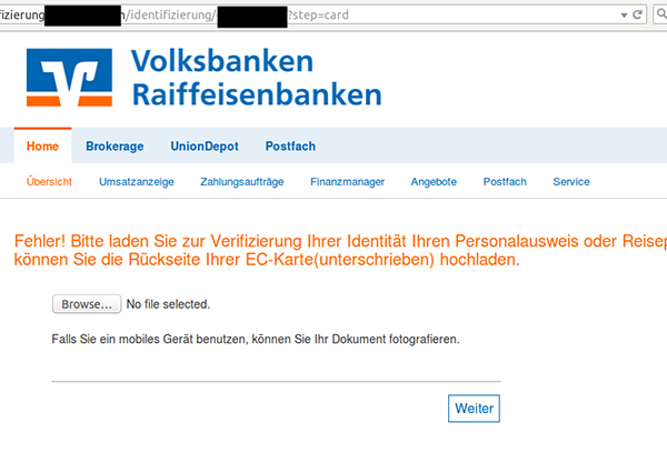 Beispiel einer Phishing-Seite mit der Aufforderung Personalausweis bzw. ec-Karte einzuscannen